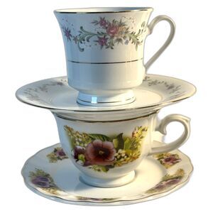 Lot of 2 Lynns Fine China Teacup & Saucer Sets Floral Gold Trim VTG Japan Style